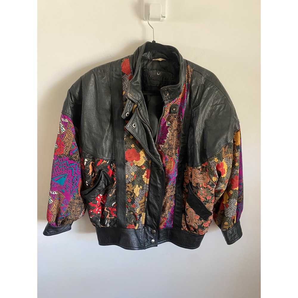 Vintage Montifer Mens Black Leather Patchwork Paisley Bomber Jacket Medium